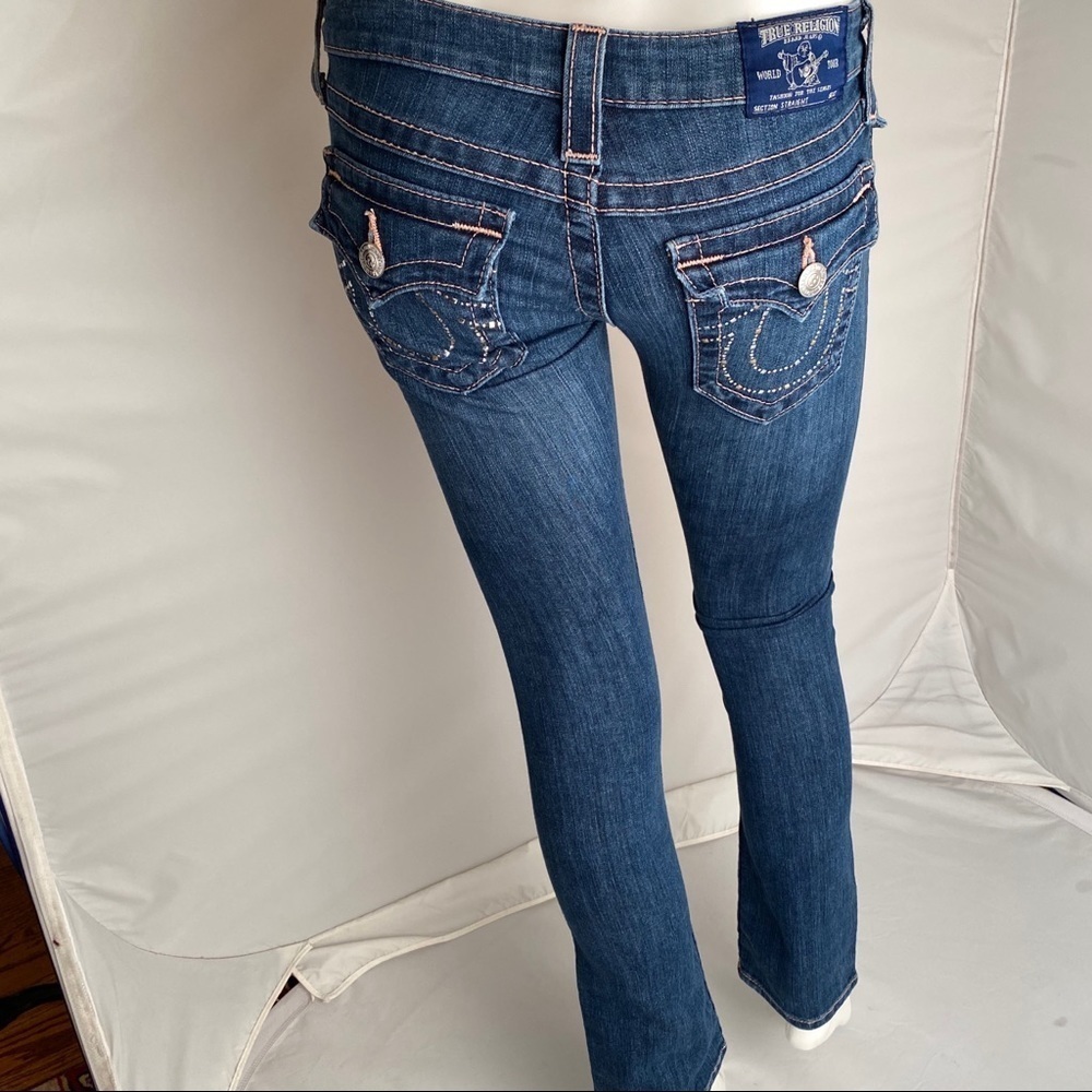 True Religion medium wash rose stitch straight jeans with crystal back pockets